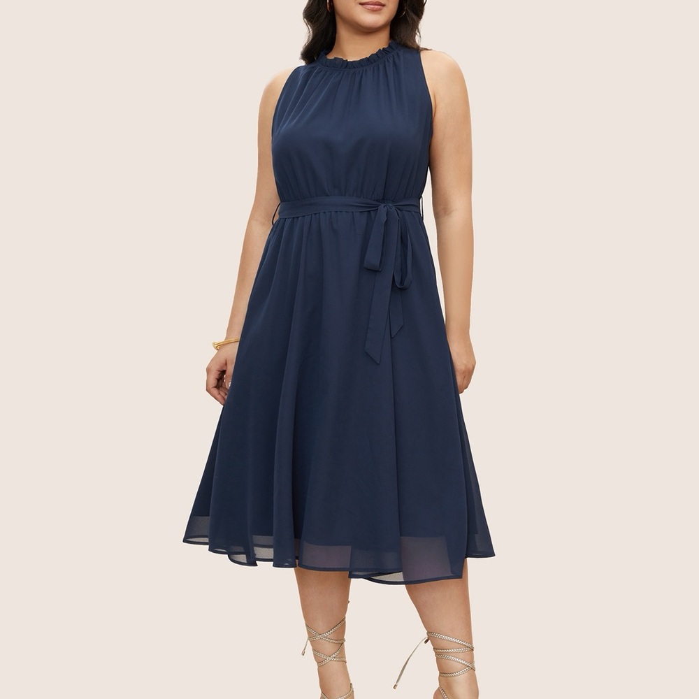 BloomChic Blue Sleeveless Frill Trim Belted Mock Neck Pocket Dress Plus Size 3X